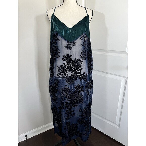 NWT Free People Sheer Velvet Slip Dress Navy And Emerald Large - Picture 1 of 8